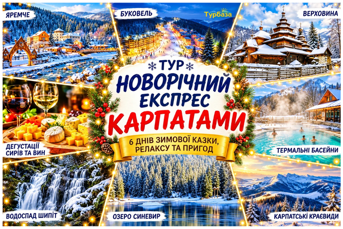 Новорічний експрес Карпатами - 6 днів зимової казки, релаксу та пригод. Тур на Новий Рік в Карпати та Закарпаття з Києва, з Житомира, з Рівного