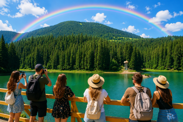 Group of friends on a wooden railing overlook a turquoise lake, forested hills, and a bright rainbow above them.